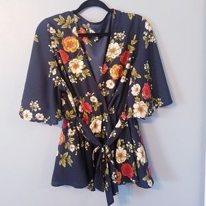 Romwe Floral Tie Waist Peplum Top